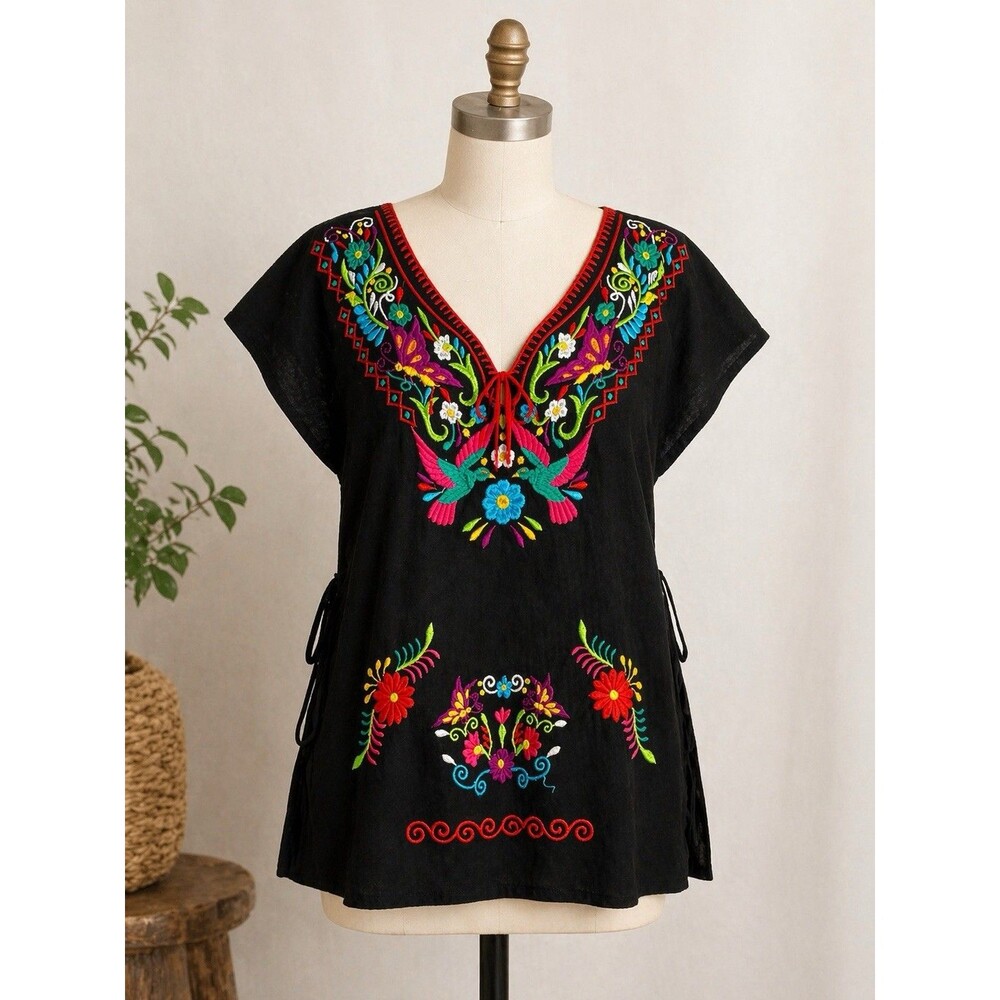 Mexican Embroidered Blouse Black Floral Boho Tunic M Handmade Oaxaca - Picture 7 of 16